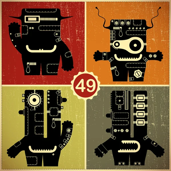 Conjunto de cuatro monstruos en fondo grunge retro — Vector de stock