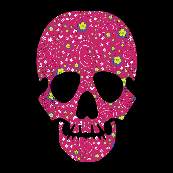 Calavera floral sobre fondo negro — Vector de stock