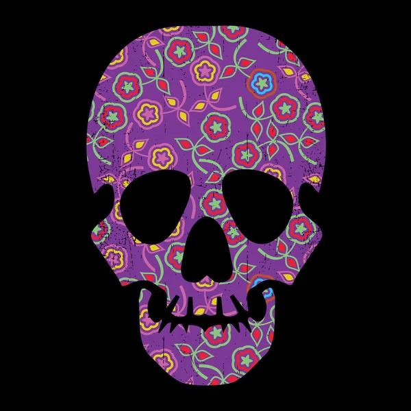黒の背景に花柄の頭蓋骨 — ストックベクタ