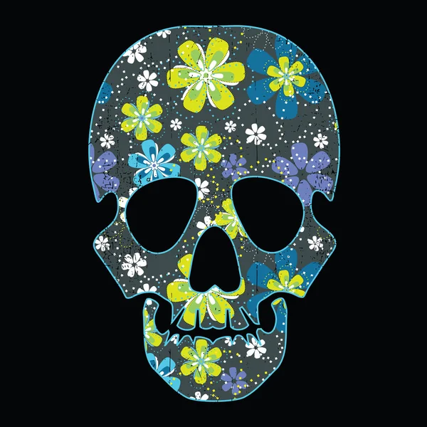 Calavera floral sobre fondo negro — Vector de stock