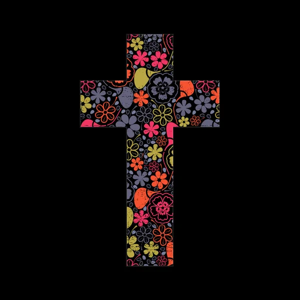 Floral cross on black grunge background — Stock Vector