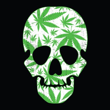 Esrar yapraklar ve kafatası grunge siyah arka plan üzerinde