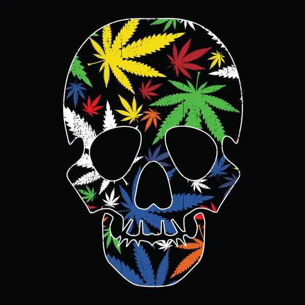 Cannabis-Blätter und Totenkopf auf schwarzem Grunge-Hintergrund — Stockvektor