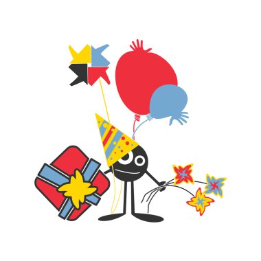 karakter hediye, çiçek ve hava balon doğum günü partisi üzerinde geliyor. doğum günü kartı.