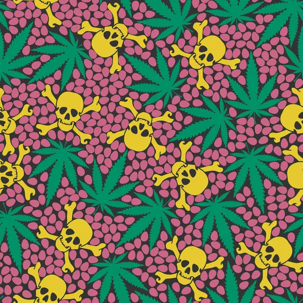 Hojas de cannabis con calaveras — Vector de stock