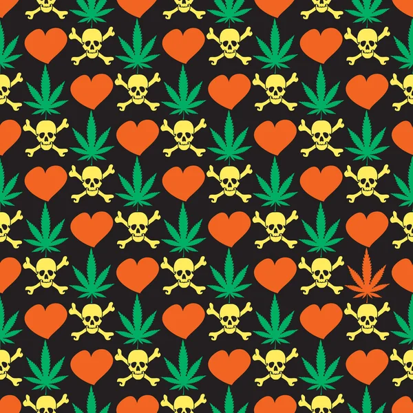 Hojas de cannabis con cráneos y corazones — Vector de stock