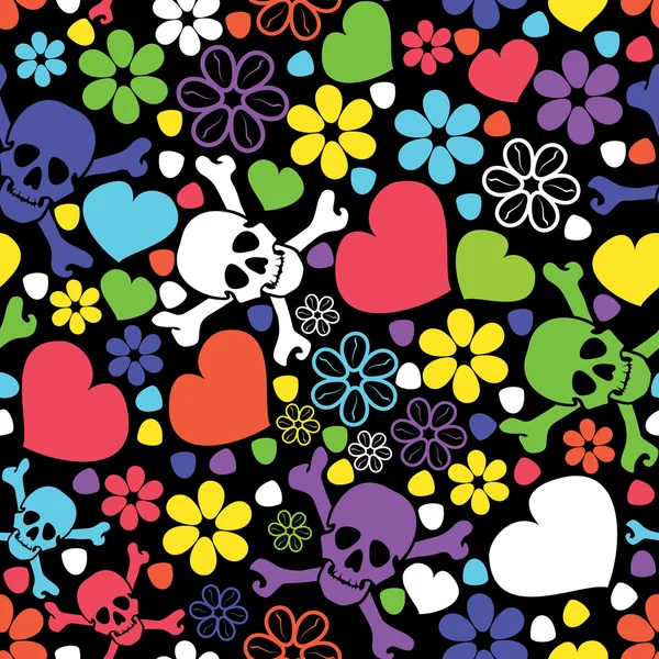 Flores, calaveras y corazones — Vector de stock