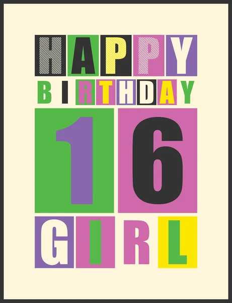 Retro Happy birthday card. Happy birthday girl 16 years. Gift card. — Stock Vector
