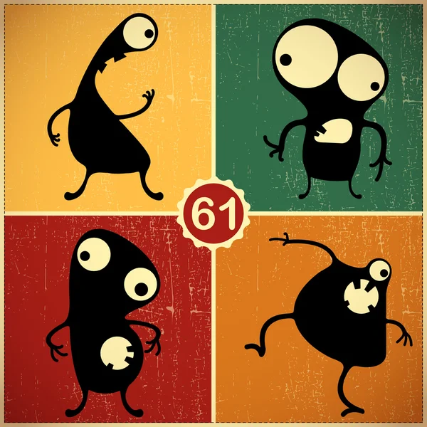 Set of four monsters on retro grunge background — Stock Vector