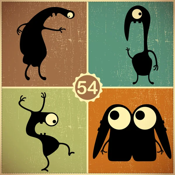 Set of four monsters on retro grunge background — Stock Vector