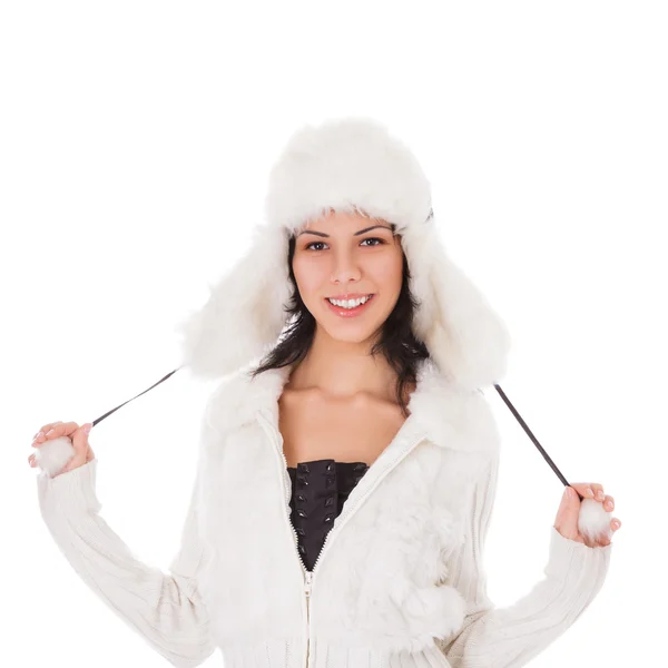 Kvinna i varma kläder på vit bakgrund — Stockfoto