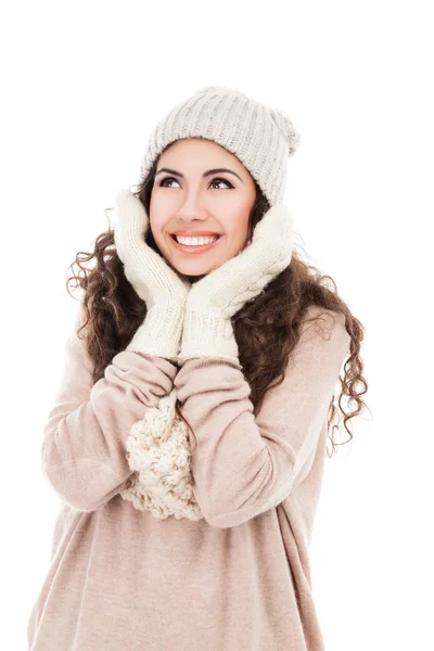 Donna in abiti caldi su sfondo bianco — Foto Stock