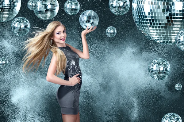 Young blonde woman dancing at night disco club — Stock Photo, Image