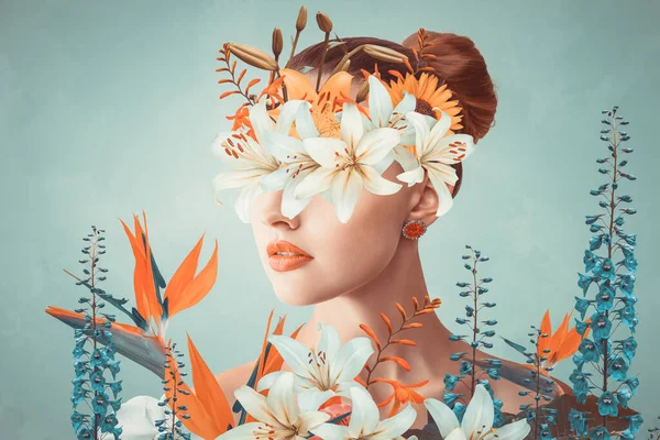 Abstract Hedendaagse Kunst Collage Portret Van Jonge Vrouw Met Bloemen — Stockfoto