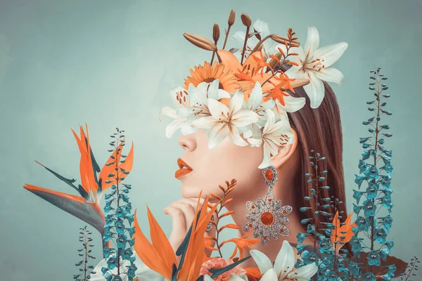 Retrato Colagem Arte Contemporânea Abstrata Mulher Jovem Com Flores Rosto — Fotografia de Stock