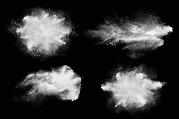 Conjunto Poeira Respingo Nuvens Isoladas Preto Partículas Farinha Explodindo Sobre — Fotografia de Stock
