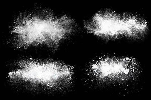 Conjunto Poeira Respingo Nuvens Isoladas Preto Partículas Farinha Explodindo Sobre — Fotografia de Stock