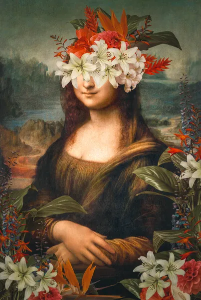 要旨レオナルド ヴィンチによるモナリザ ジョコンドミニアムの現代美術のコラージュ ウィキメディア コモンズからのオリジナルCc0 — ストック写真