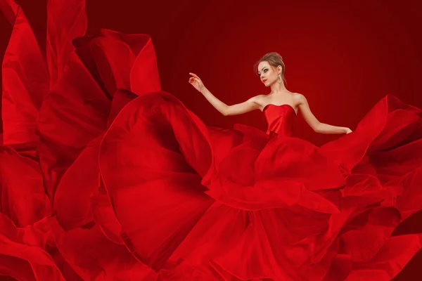 Young Woman Red Silk Dress Flying Fabric Long Gown Waving Stock Picture