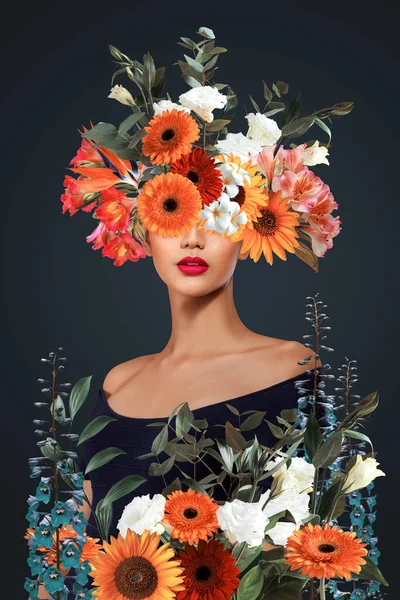 要約現代美術コラージュ花を持つ若い女性の肖像画 — ストック写真
