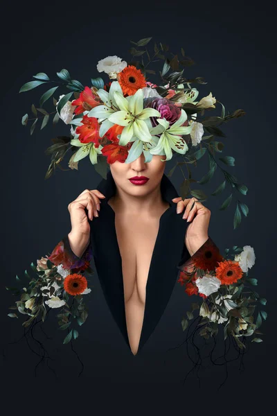 Ritratto Astratto Collage Arte Contemporanea Giovane Donna Con Fiori — Foto Stock