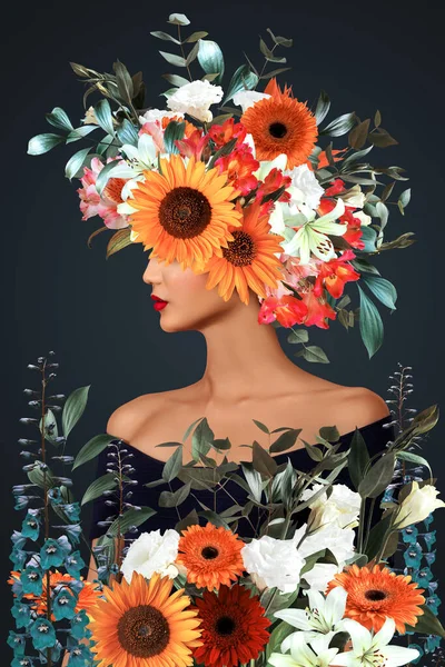 Abstract Hedendaagse Kunst Collage Portret Van Jonge Vrouw Met Bloemen — Stockfoto