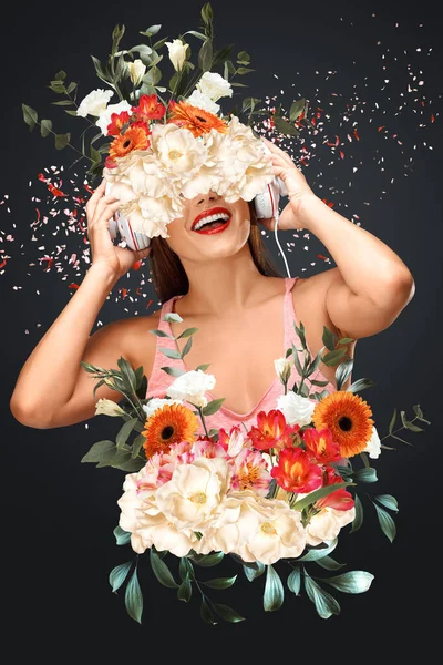 Abstrakt Samtida Konst Collage Porträtt Ung Kvinna Med Blommor — Stockfoto