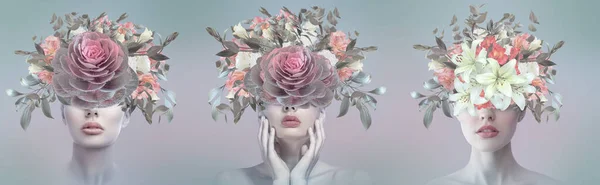 Art Contemporain Abstrait Collage Portrait Jeune Femme Avec Des Fleurs — Photo
