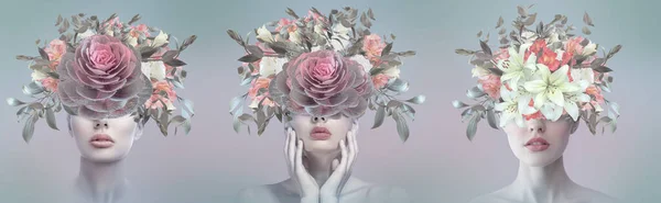 Retrato Colagem Arte Contemporânea Abstrata Mulher Jovem Com Flores — Fotografia de Stock