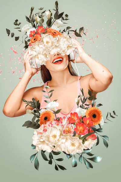 Absztrakt Kortárs Művészet Kollázs Portré Fiatal Virágokkal — Stock Fotó