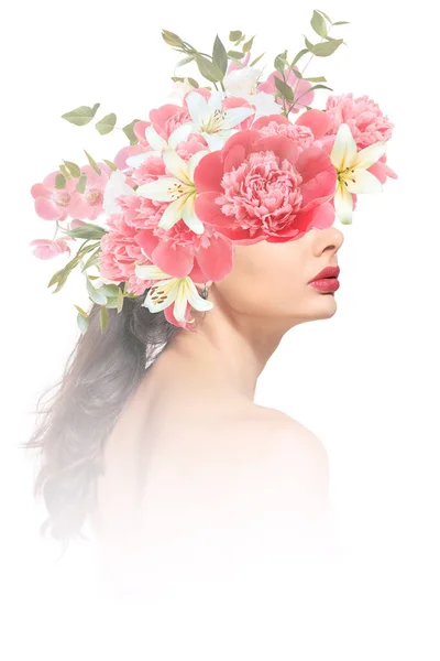 Abstract Contemporary Art Collage Portrait Young Woman Flowers — Stock Photo, Image
