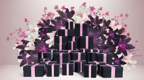 Spousta Dárkových Krabic Květinami Přes Růžové Pozadí — Stock fotografie