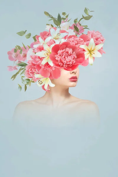 Retrato Abstracto Collage Arte Contemporáneo Mujer Joven Con Flores —  Fotos de Stock