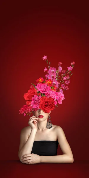 Retrato Colagem Arte Contemporânea Abstrata Mulher Jovem Com Flores — Fotografia de Stock