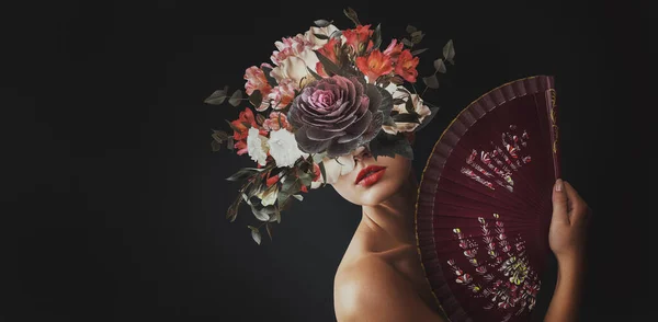 Abstract Hedendaagse Kunst Collage Portret Van Jonge Vrouw Met Bloemen — Stockfoto