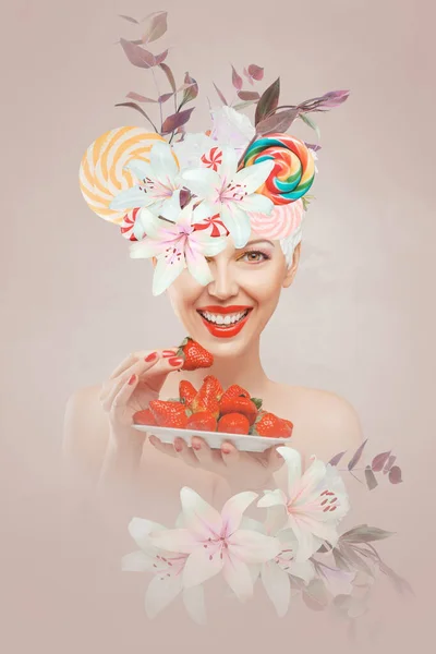 딸기를 여성의 노골적 콜라주 초상화 — 스톡 사진