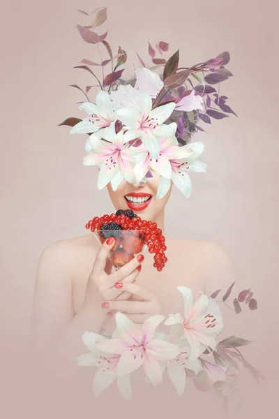 要約現代美術コラージュの肖像画の若い女性の新鮮な果物 — ストック写真