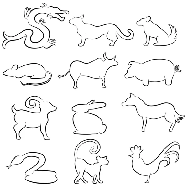 Chinese Astrology Animal Line Drawings — Stock Vector