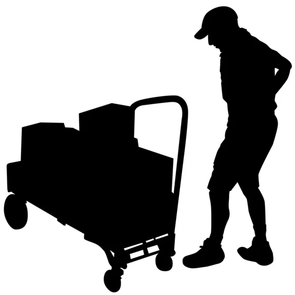 Dodací muž a plošinové vozík s boxy — Stockový vektor