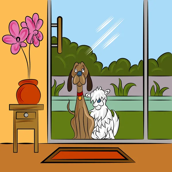 Perros mendigando en la puerta — Vector de stock