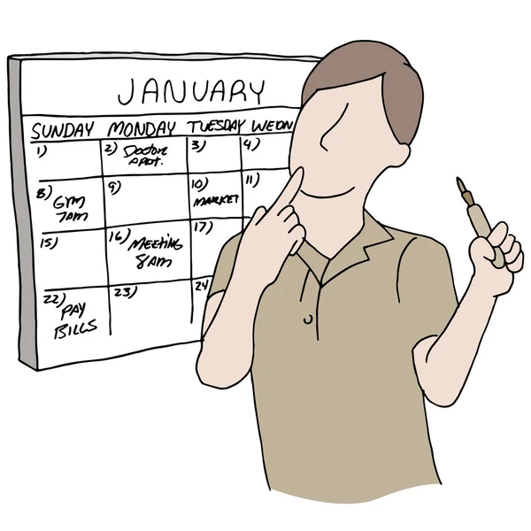 Hombre usando calendario como recordatorio — Vector de stock