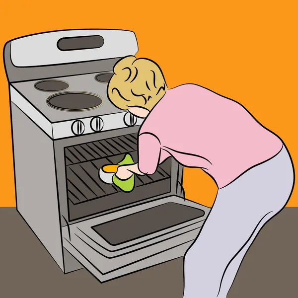 Mujer usando horno — Vector de stock