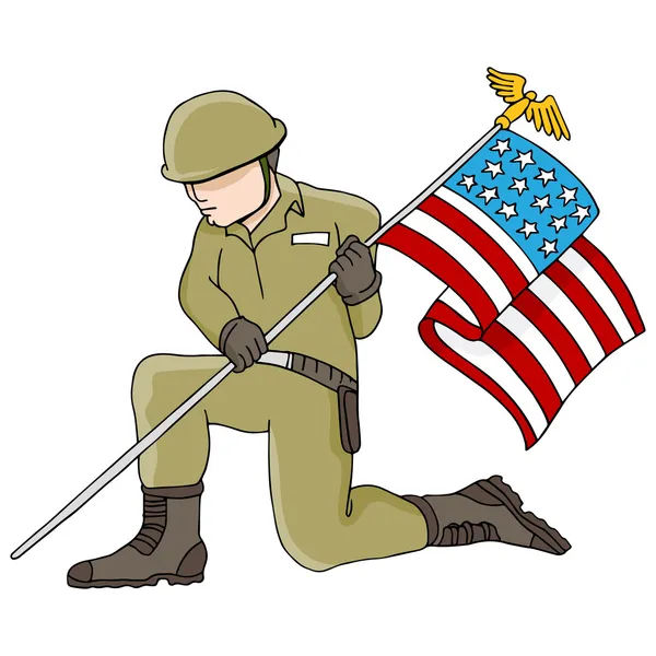 Soldado con bandera americana — Vector de stock