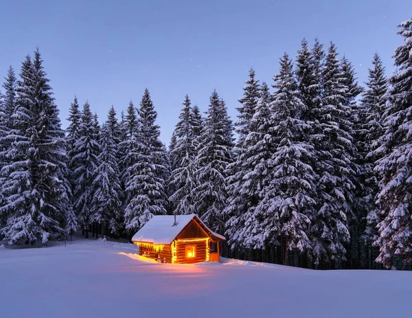 Wesołych Świąt Nowego Roku Drewniana Chatka Trawniku Pokryta Śniegiem Lampy — Zdjęcie stockowe