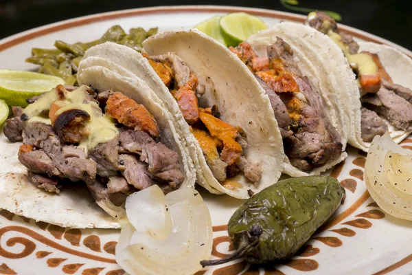 Mexican Arrachera Beef Tacos. Close Up — Stock Photo, Image