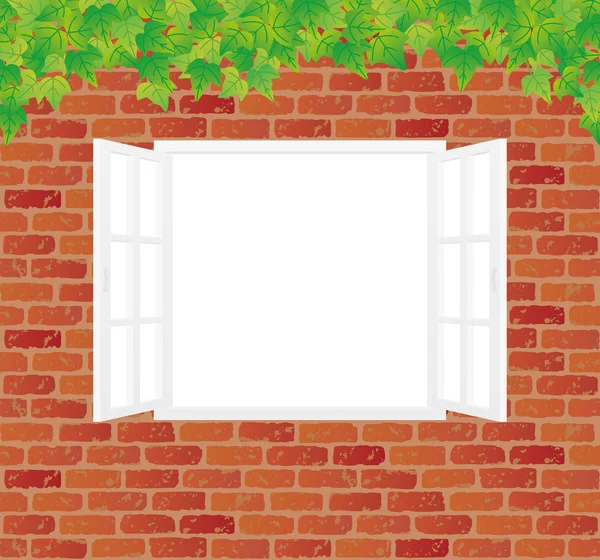 Antigua pared de ladrillo rojo con una ventana blanca . — Vector de stock