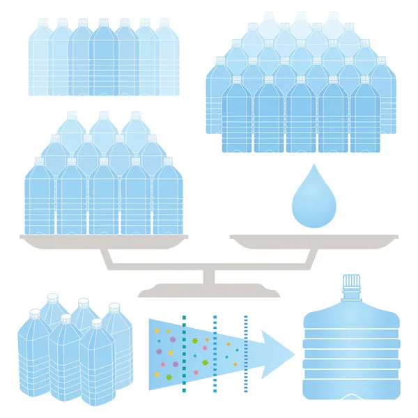 Rows of water bottles. — Stock Vector