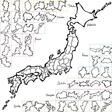 Map of Japanese Prefectures. brush stroke line. clipart