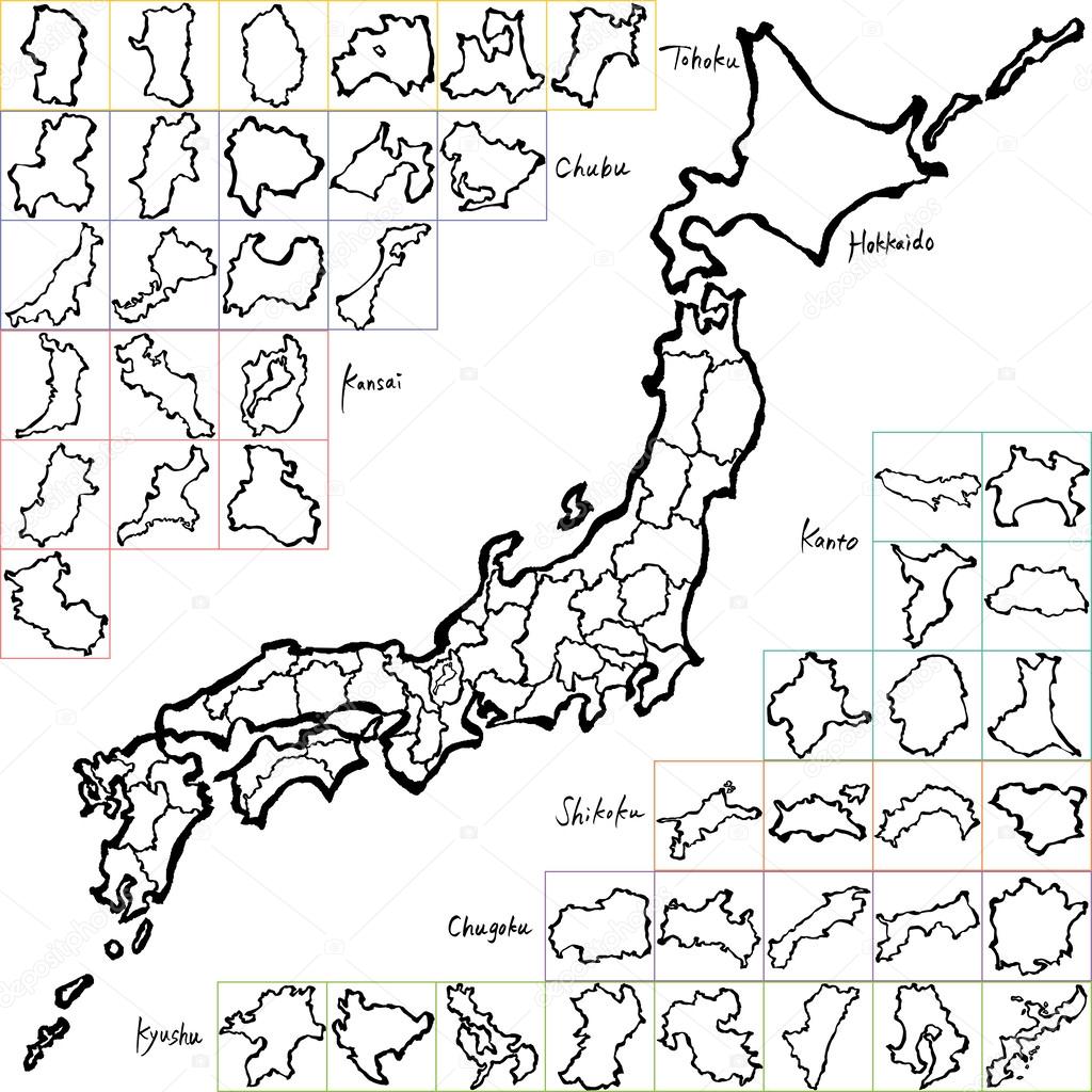 Map of Japanese Prefectures. brush stroke line.