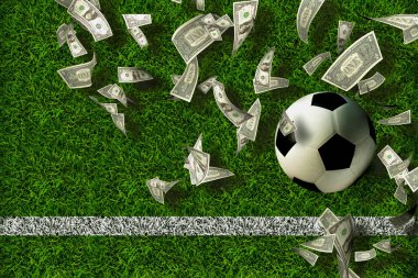 Futbol topu ve dolar banknotlarıyla futbol sahası fotoğrafı
